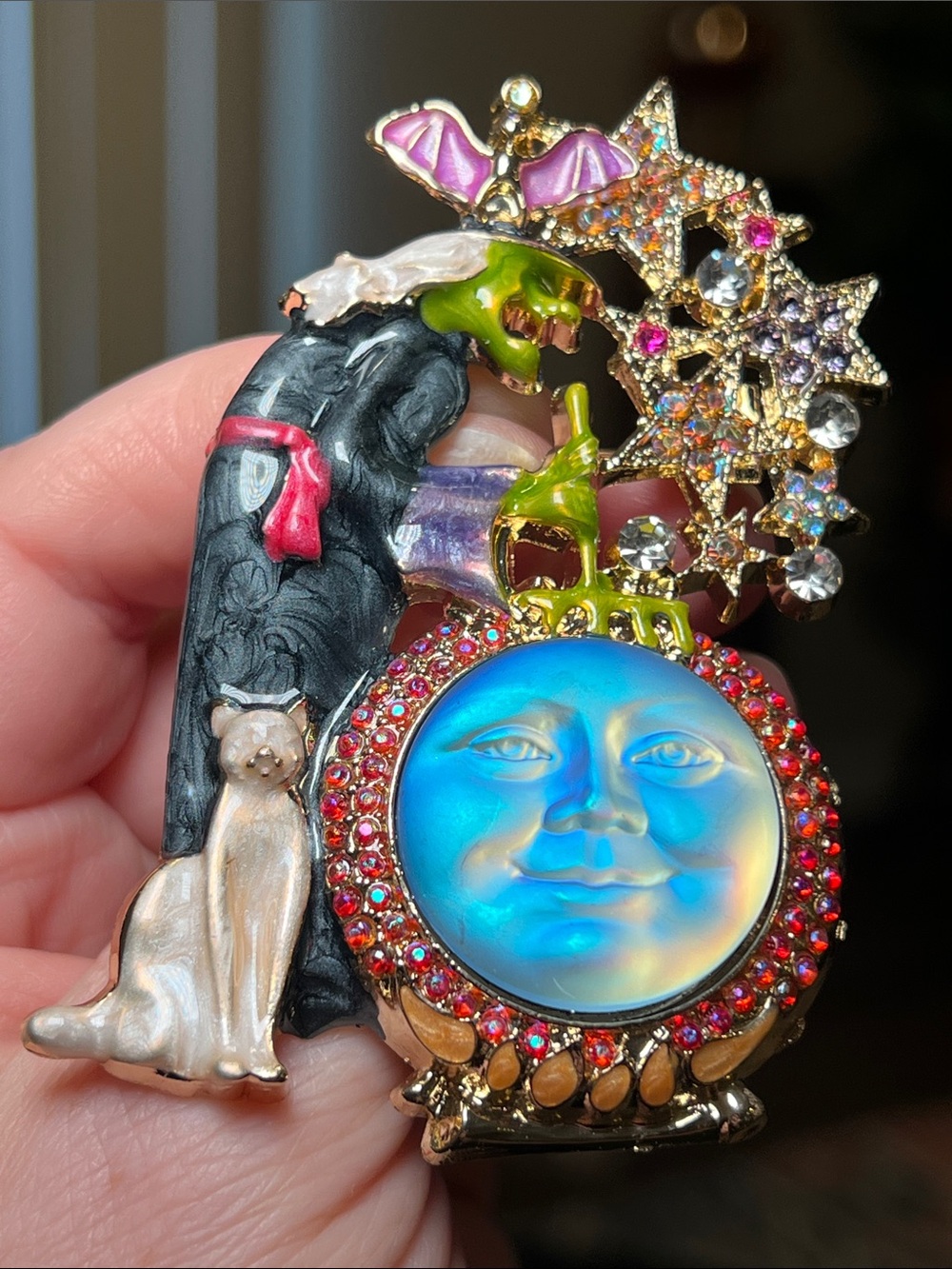 Whimsical Kirk’s Folly Style Halloween Enamel Witch Moon Face Brooch - Picture 5 of 8